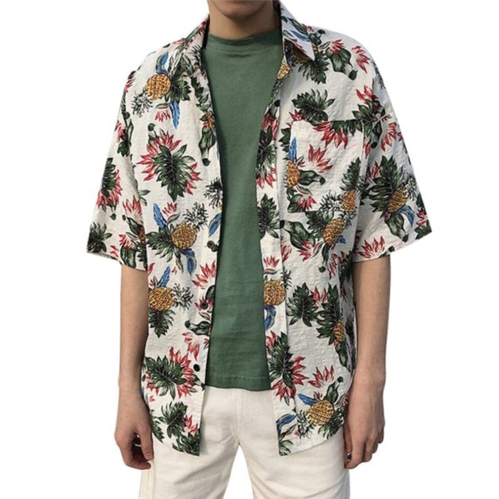 (A11) Coofandy pineapple‎ Short Sleeve Button Down Beach Shirt, Size Large, NWT